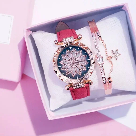 New Red Starry Sky Luxury Leather Strap Rose Gold Sapphire Bracelet Watch Set - Picture 3 of 16